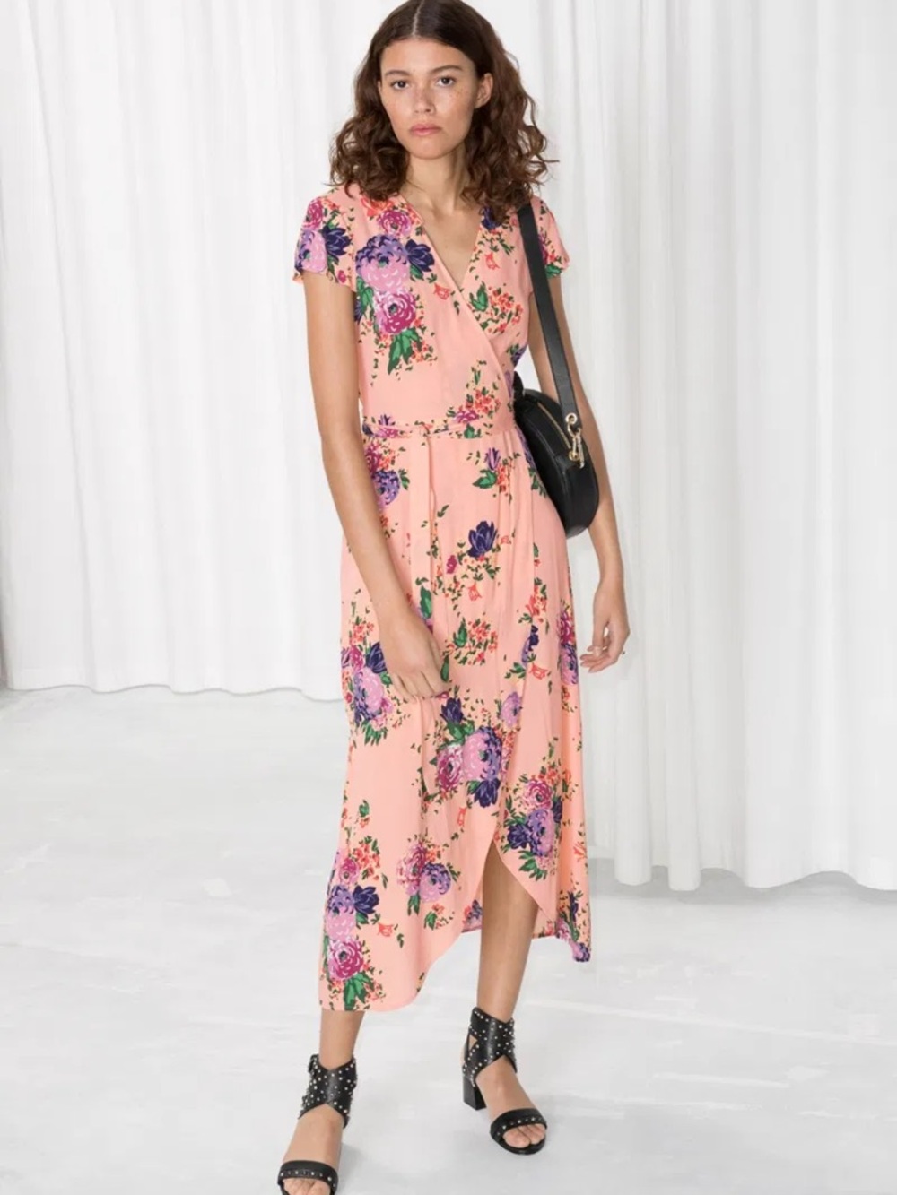 & Other Stories Sz 12 Pink Floral Cottagecore Wrap Midi Dress